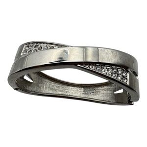 Silver-Tone Crossover‎ Hinged Bangle Bracelet with Rhinestone Accents